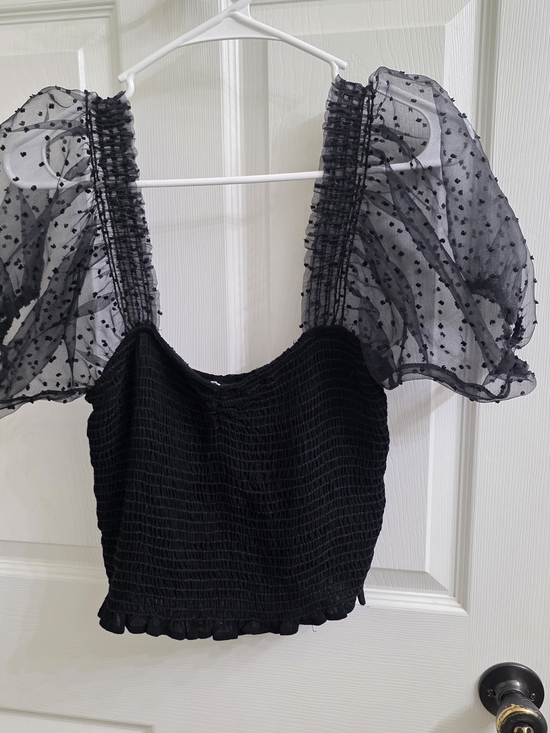 Lush Tops - Lush Black Smocked Crop Top with Sheer Puff Dot Sleeves